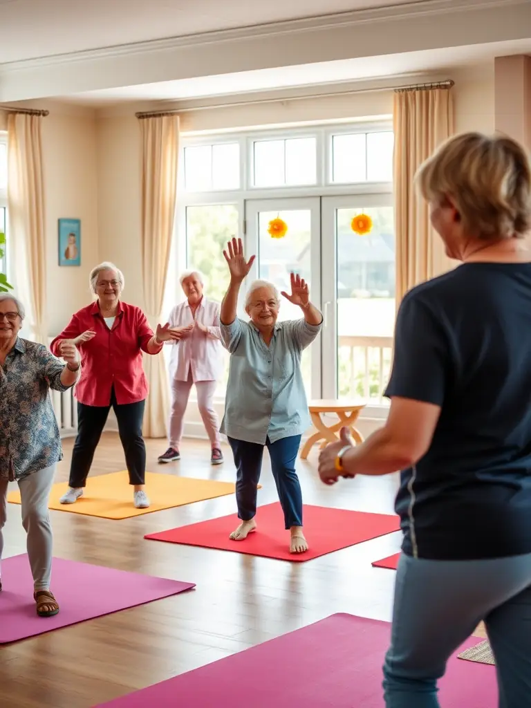 A group of seniors participating in a gentle stretching exercise class in a well-lit community center, focusing on flexibility and balance.
