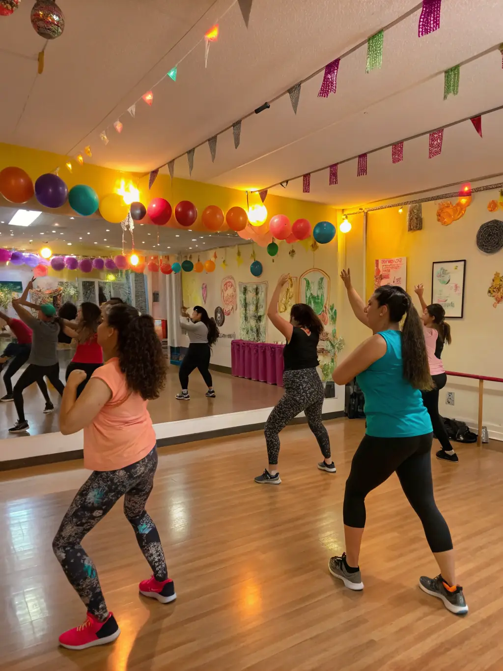 A diverse group of adults participating in a Zumba class in a community center, with an energetic instructor leading the dance.