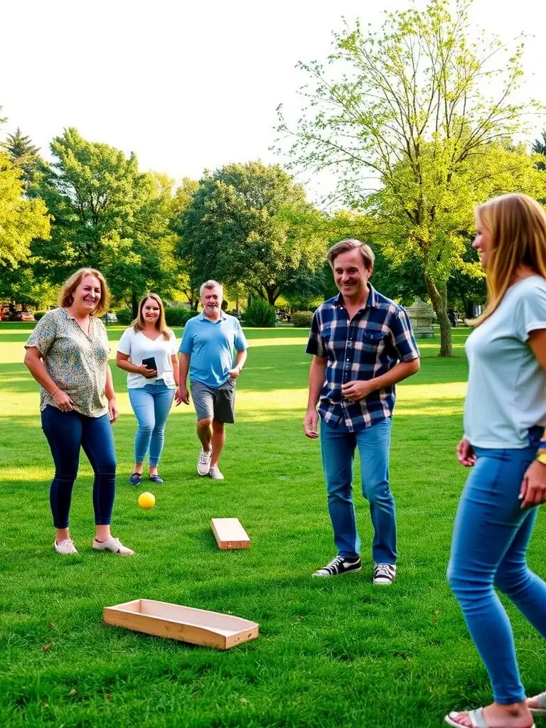 Seniors playing pétanque in a park, with trees in the background, showcasing a relaxed and social activity.