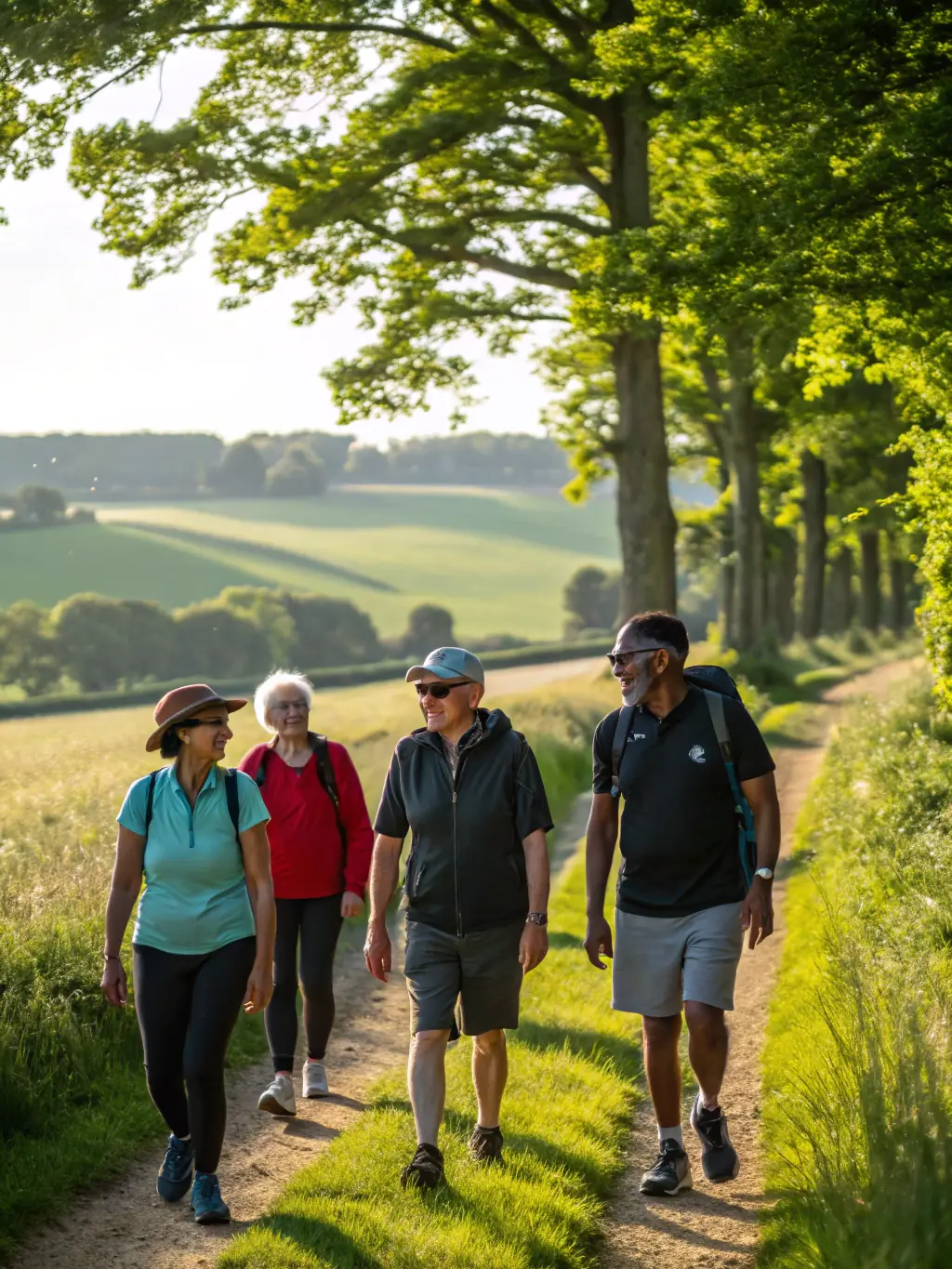People of various ages hiking on a scenic trail, emphasizing outdoor activities and nature appreciation.