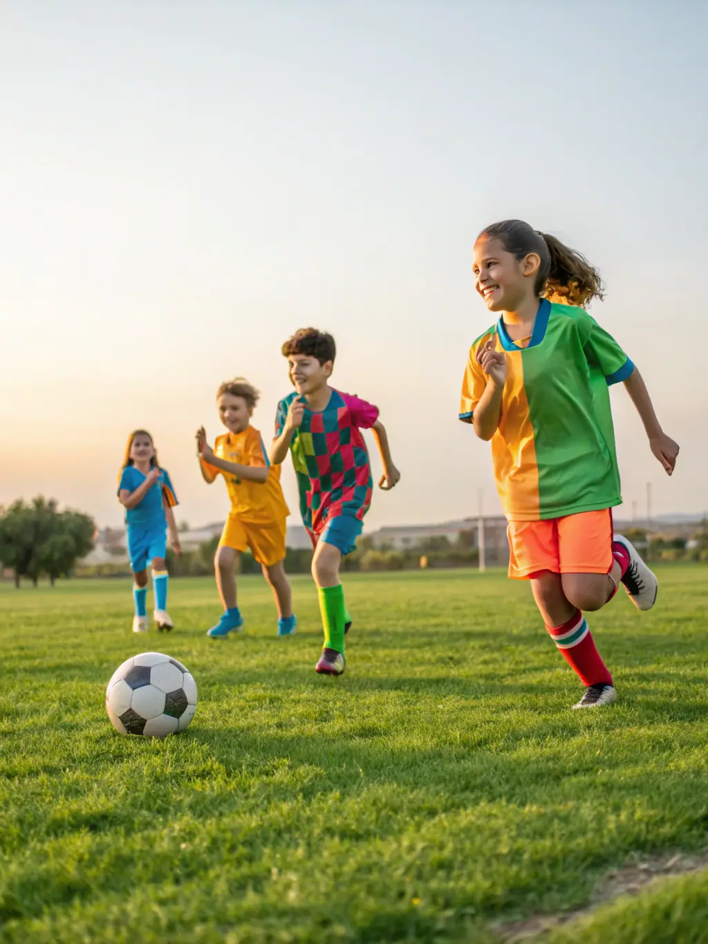 Children playing soccer on a green field, showcasing teamwork and physical activity.