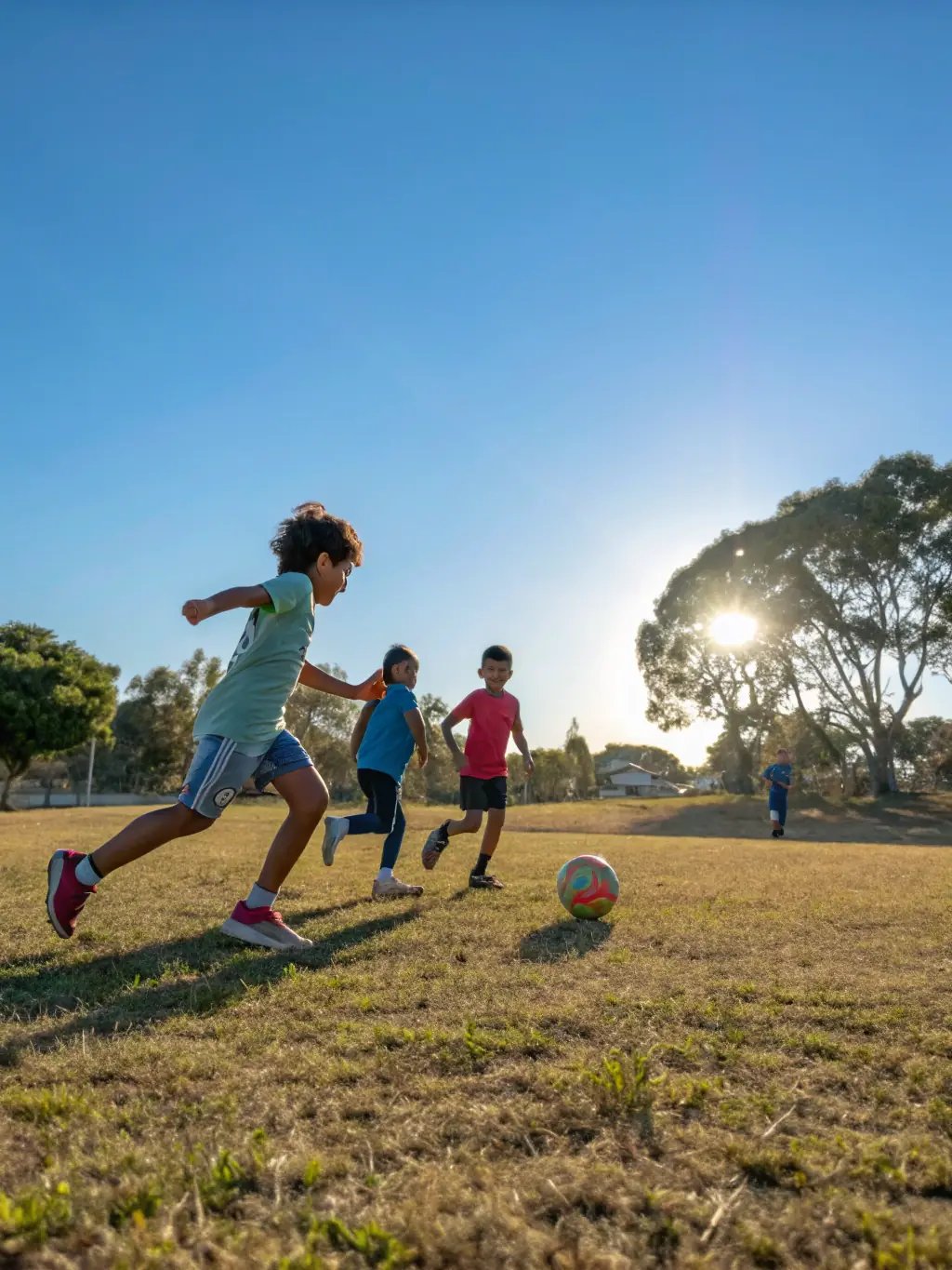 A group of children playing soccer on a sunny field, wearing colorful jerseys and smiling, representing youth sports programs.